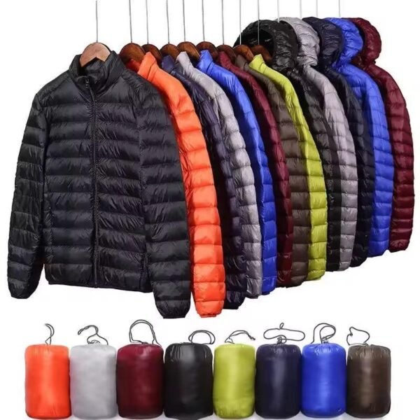 Cheap and Lightweight Warmth Puffer Jacket with Custom Logo, Made of Polyester, Stand Collar and Hooded, Thickened Winter Men's Outerwear